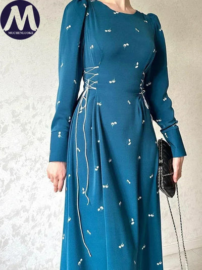 Elegant Dresses for Women 2025 Spring Summer New Long Sleeve O Neck Dress Fashionable Slim Fit Lace Up Lower Back Evening Dress