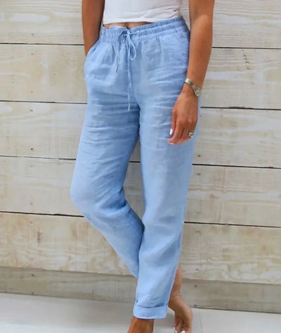 2025 Women's New Cotton And Linen Trousers Women's High Waist Elastic Casual Trousers Fashionable Street Breathable Loose Pants