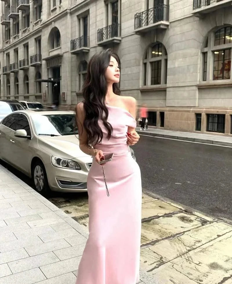 Satin Sexy Off Shoulder Dress Women Pink Skinny Elegant Soft Dress Classic Fashion Party Evening Gown Sleeveless Lady Vestidos