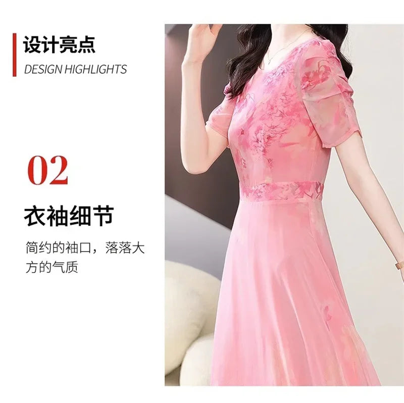 Women's Summer Dress 2025 New Fashion Printed Pink Chiffon Dress O-neck Short Sleeved Long Party Dresses Elegant Women Vestidos