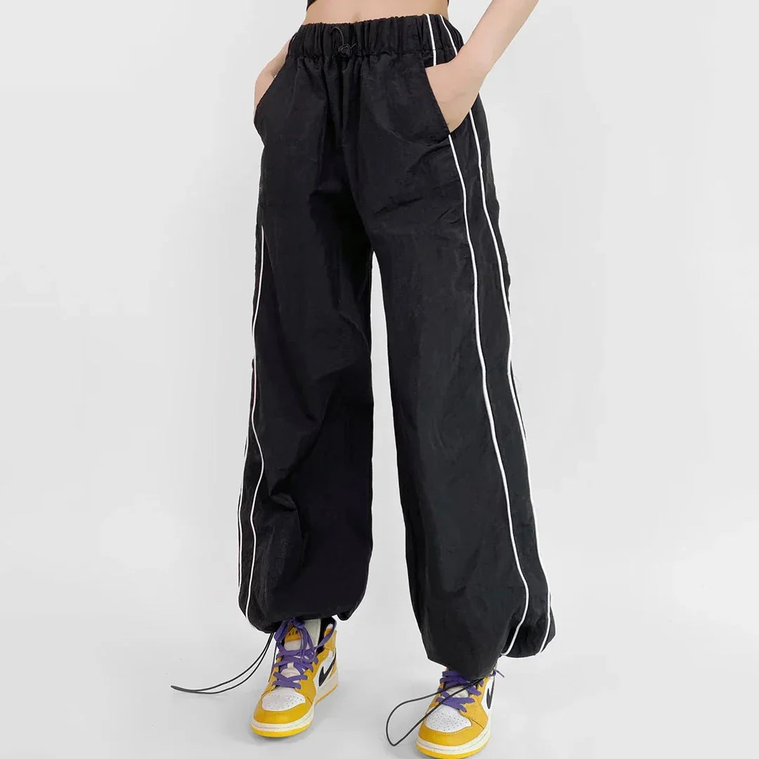 Women's Wide-Leg Joggers Adjustable Ankle Cuffs Side Stripes Drawstring Waist Lightweight Streetwear