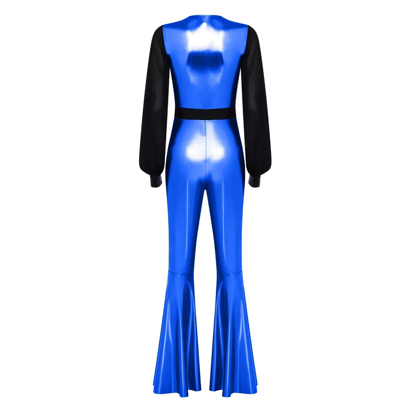 Womens Vintage 70s 80s Disco Dance Jumpsuit Mesh Long Sleeve Bell Bottom Pants Metallic Shiny Rompers Bodysuit Halloween Costume