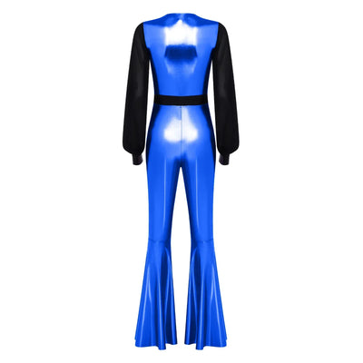 Womens Vintage 70s 80s Disco Dance Jumpsuit Mesh Long Sleeve Bell Bottom Pants Metallic Shiny Rompers Bodysuit Halloween Costume