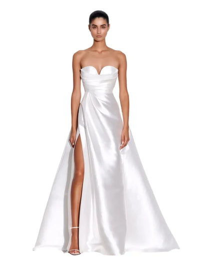 Satin Off shoulder Bride Wedding Dress White High Slit Ball Gown Sweetheart Sleeveless Ivory White Garden Beach Wedding