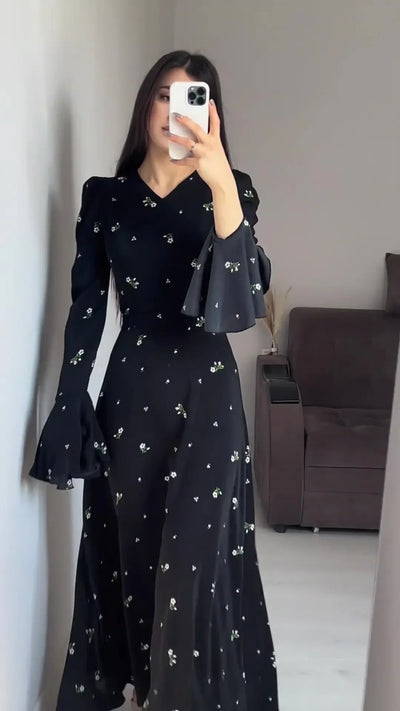 Elegant Dresses for Women Spring Summer New Printing Lotus Leaf Sleeve V Neck Dress Fashionable Slim Fit Women's Evening Dress