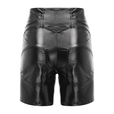 Womens Metallic Shiny Biker Tights Shorts High Waist Front Zipper Pockets Bodycon Short Leggings Motor Riding Dance Shorts