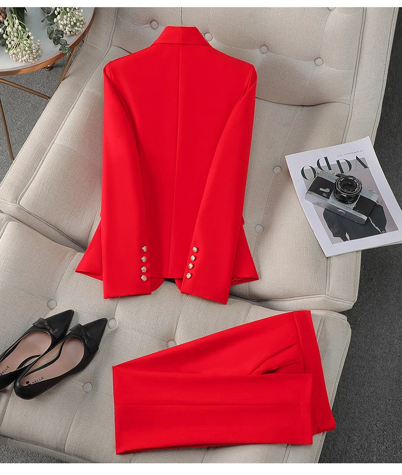High Quality Suit Office Casual Two Piece Set Spring Autumn Women Double Breasted Blazers+Straight Zipper Trousers Women Outfit