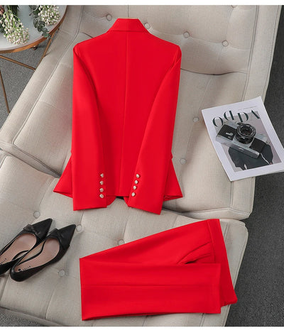 High Quality Suit Office Casual Two Piece Set Spring Autumn Women Double Breasted Blazers+Straight Zipper Trousers Women Outfit