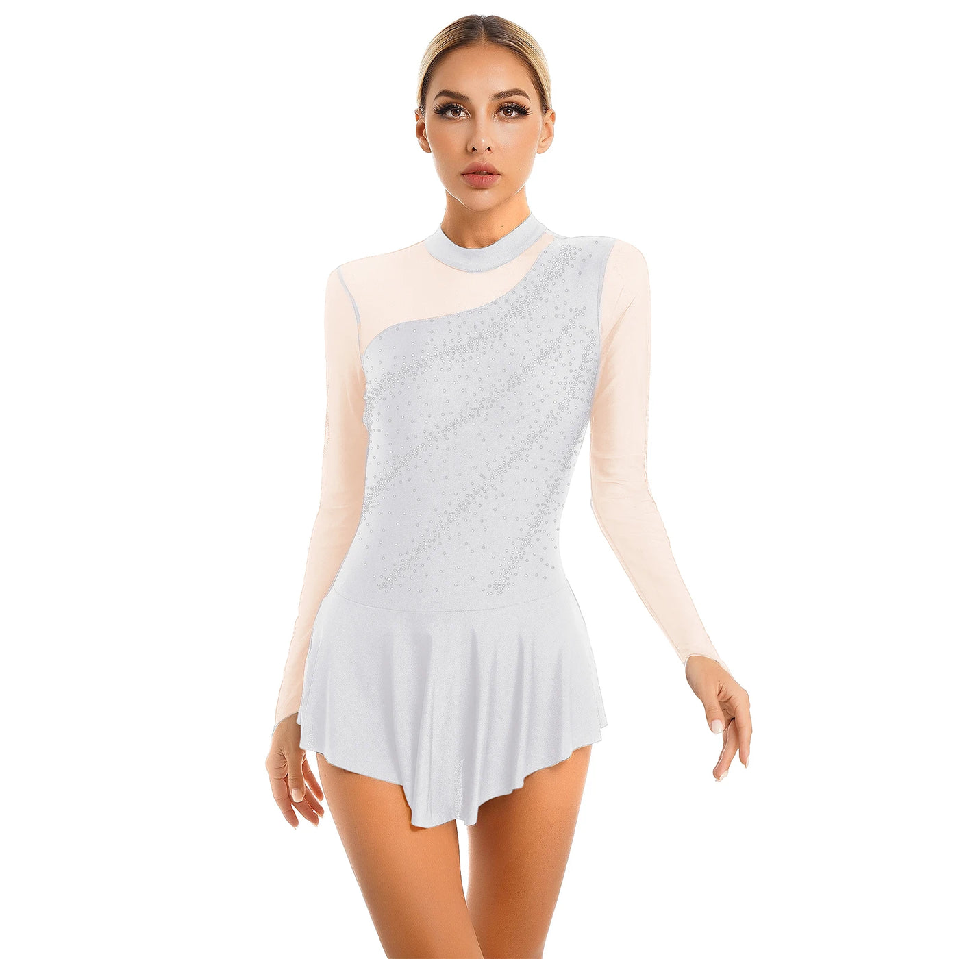 Women Modern Lyrical Dress Camisole Dance Costume Ballet Asymmetric High-Low Mesh Skirted Sleeveless Leotard Gymnastic Dancewear