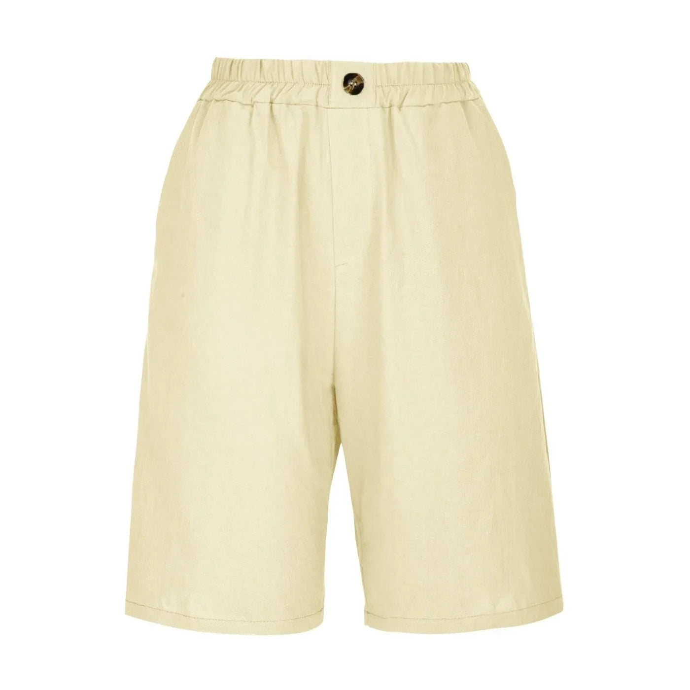 Women's Fashion Solid Color Cotton Linen Shorts - Loose Elastic Waist Capris with Pocket and Button Up Design
