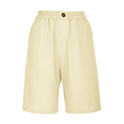 Women's Fashion Solid Color Cotton Linen Shorts - Loose Elastic Waist Capris with Pocket and Button Up Design
