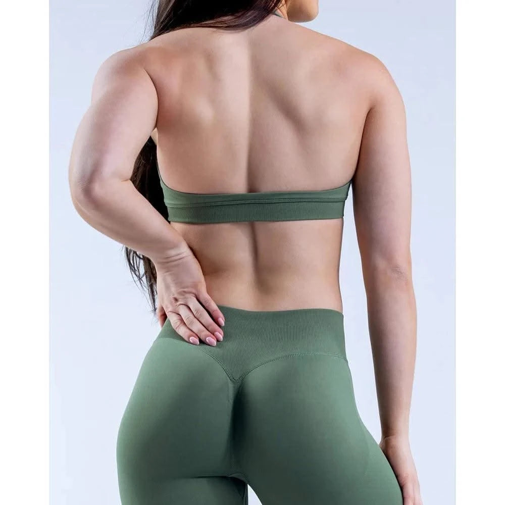 Sports Bra  Seamless Halter Neck Strap Bra Open Back Fitness Yoga Top Bras Support Women Workout Gym Crop Top