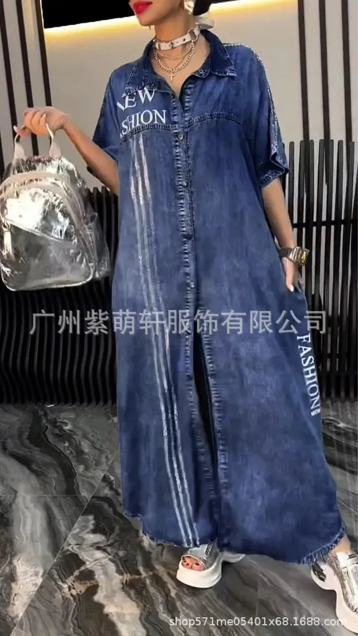 Denim Dress Women Long Dresses Letter Print Vestidos Single Breasted Turn Down Collar Distressed Maxi Gown Summer A Line