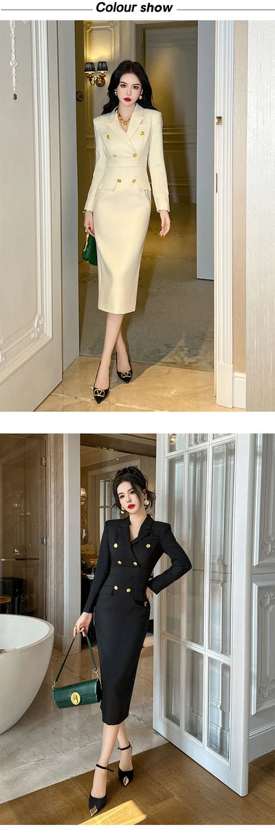 Fashion Elegant Midi Dress Women's Professional Business Style Long Sleeve Double Breasted Slit Robe Office Lady Work Vestidos