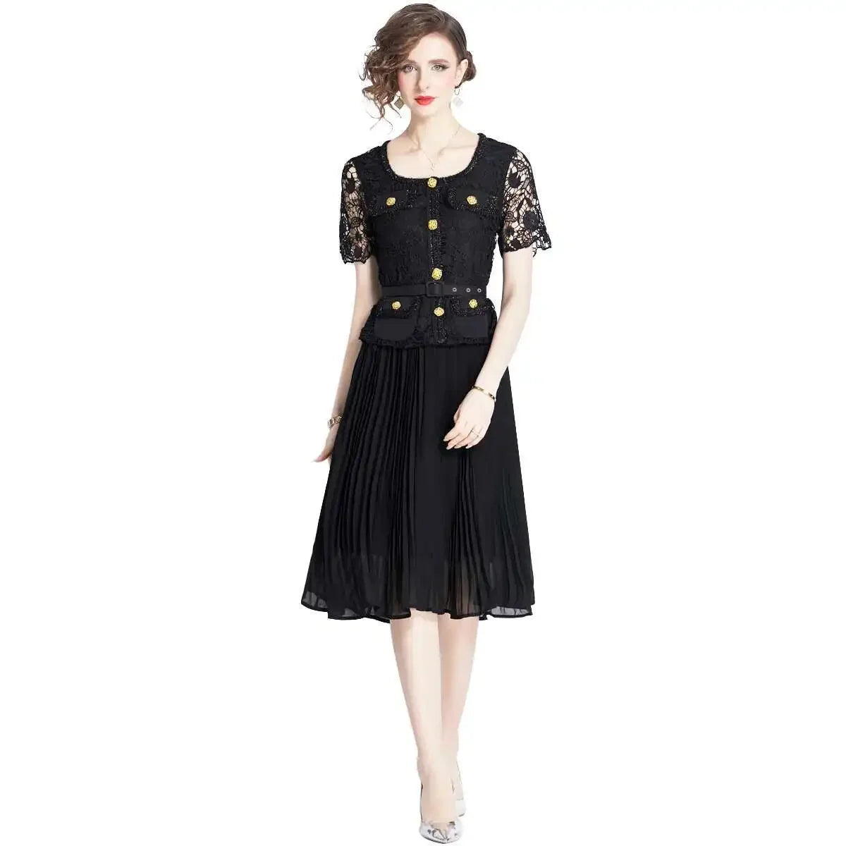Luxury Evening Dress Women Summer Vacation Short Sleeve Pleated Lace Chiffon Long Dresses White Single Breasted Midi Party Robe