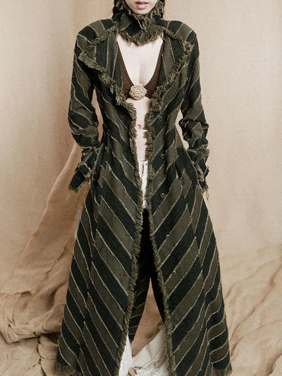 [Vibe] Women Blue Striped Burr Denim Long Trench New Turtleneck Long Sleeve Windbreaker Fashion Tide Spring Autumn 2025