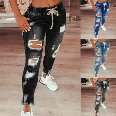 Popular Pencil Jeans Streetwear Women Jeans Slim Slim-fitting All Match Denim Pants  Elastic Waist