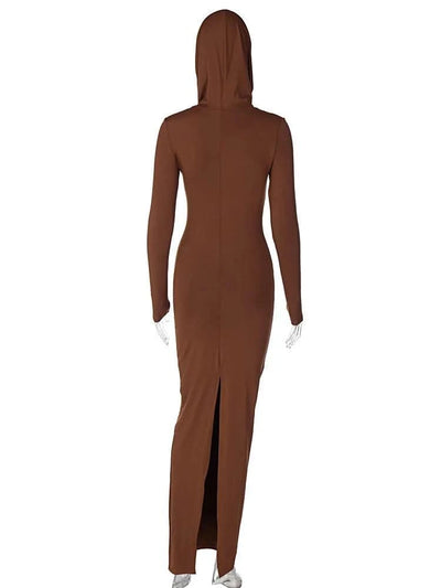 Hooded Long Dress For Women Y2k Clothes Sexy Streetwear Long Sleeve Bodycon Vestidos De Mujer Solid Robe Femme Été Back Split