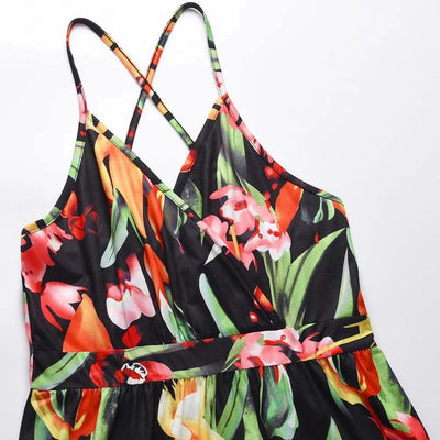 Floral Dress Women's Summer Dress Sexy Backless V-neck Suspender Long Dress