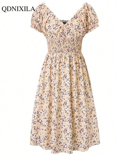 Summer Women Floral Print Dress V-neck Puff