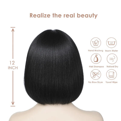 Short Bob Wig with Bangs 12 Inch Short Synthetic Bob Wigs Bangs for Women Natural Looking for Daily Use (Natural Black)