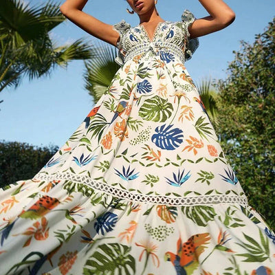 Women Summer Dress Elegant Floral Print Loose Hem Maxi Dress Spring V Neck Butterfly Sleeve Bohemian Holiday Dress Vestido Mujer