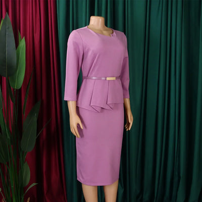 Dress Office Wear for Women Professional Skew Collar Three Quarter Sleeve Belt Waisted Sheath Package Hips Mid Calf Formal Dress