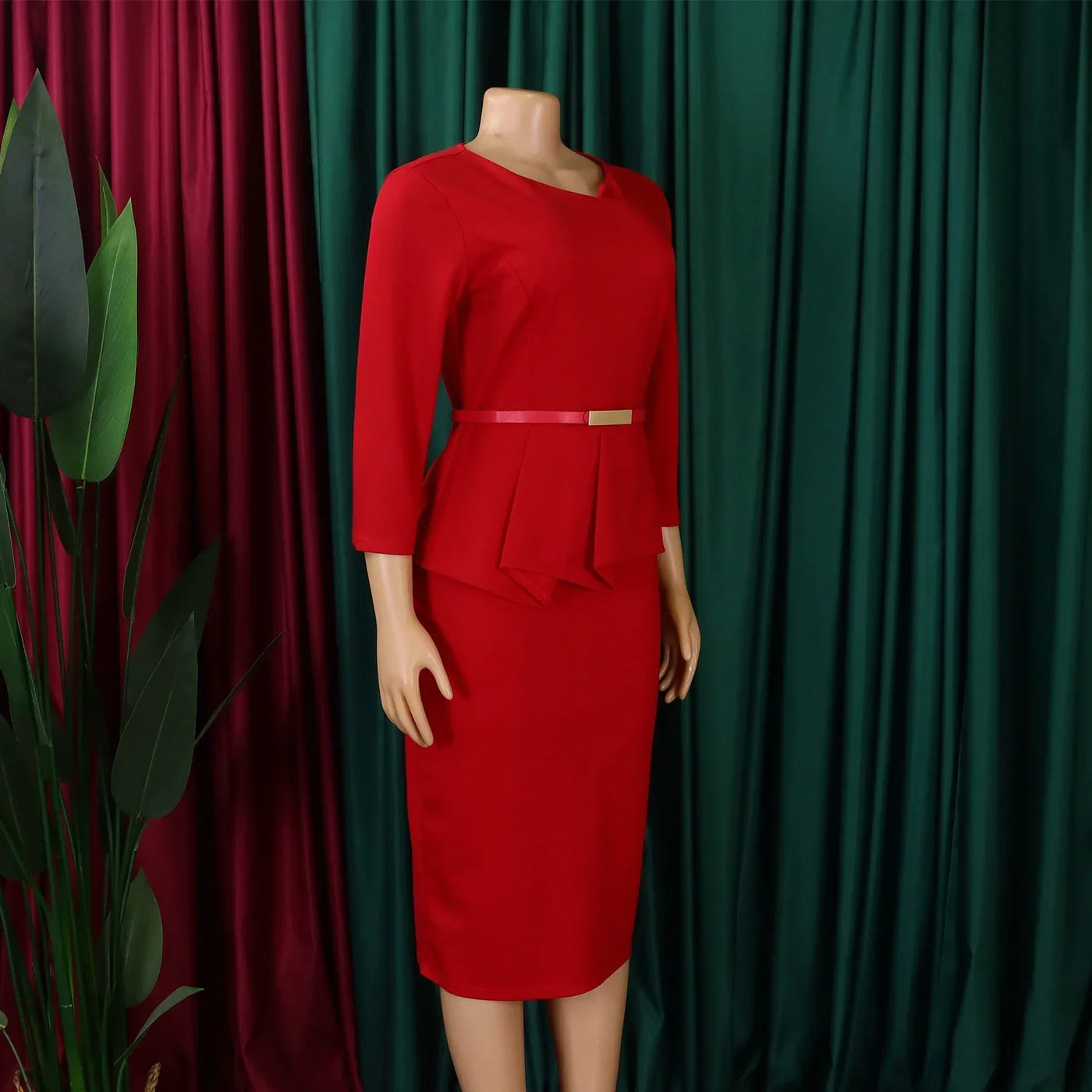 Dress Office Wear for Women Professional Skew Collar Three Quarter Sleeve Belt Waisted Sheath Package Hips Mid Calf Formal Dress
