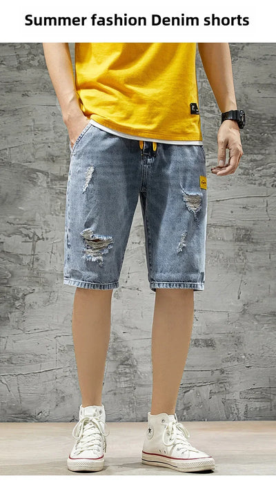 Summer Denim Shorts For Men Trendy Ripped Elastic Waist Loose Fit Casual Jeans 5 Minute Length Middle Pants