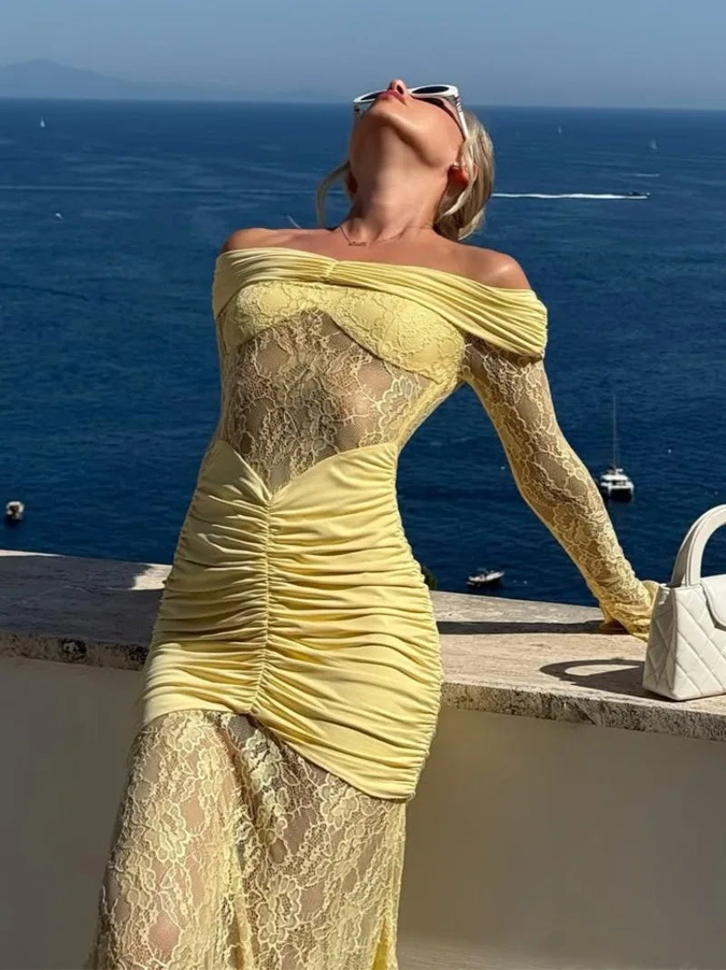 Woman Clothing Lace Patchwork Evening Dress 2025 Autumn Sexy Slash Neck Long Sleeve Folds Party Gown Lady Long Maxi Prom Dresses