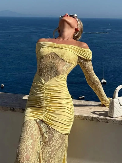 Woman Clothing Lace Patchwork Evening Dress 2025 Autumn Sexy Slash Neck Long Sleeve Folds Party Gown Lady Long Maxi Prom Dresses