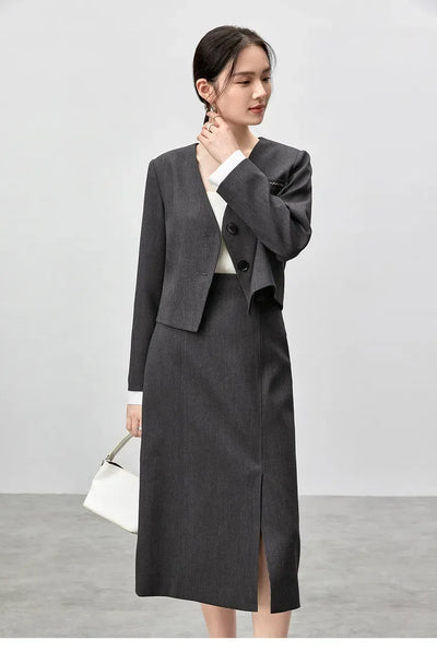 SENTUBILA Two Piece Skirt Sets Women Outfits 2025 Spring Office Ladies V Neck Grey Blazer Jackets Straight Slit Skirt 143Z56241