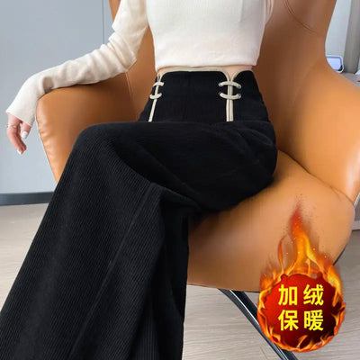 Women's Wide-leg Pants Autumn Winter Trousers New Chinese Style Folding High Waist Drooping Casual
