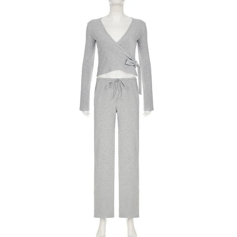 Women Fashion Lounge Set Vintage 2 Piece Outfit Spring Autumn V Neck Waist Tie T-shirt+Elastic Waist Pants Long Sleeve Crop Tops