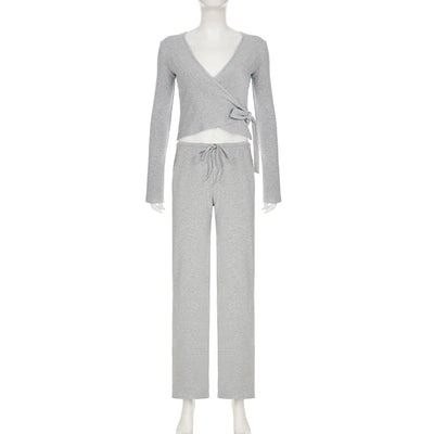 Women Fashion Lounge Set Vintage 2 Piece Outfit Spring Autumn V Neck Waist Tie T-shirt+Elastic Waist Pants Long Sleeve Crop Tops