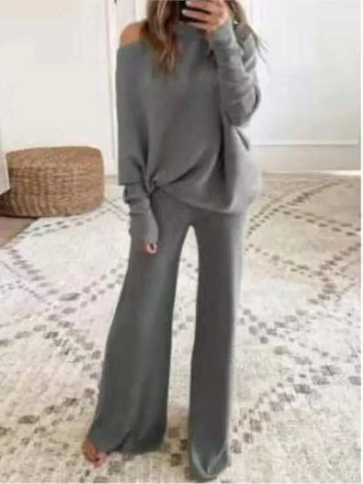 Autumn Winter Fashion 2pcs Suits 2024 Women Outfits Slanted Neck Off Shoulder Top Wide Leg Pants Two-piece Set Women Tracksuits