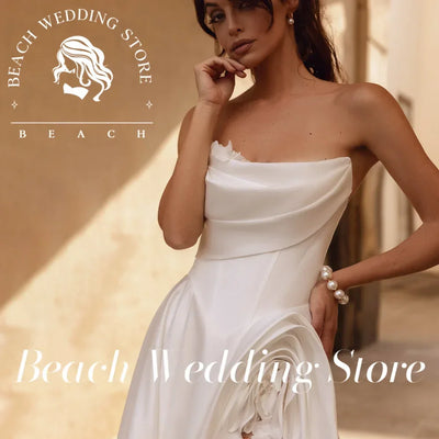 Beach Wedding Store Customized Strapless Satin Wedding Dress with Elegant Asymmetric Ruched Bodice Delicate Flower Applique