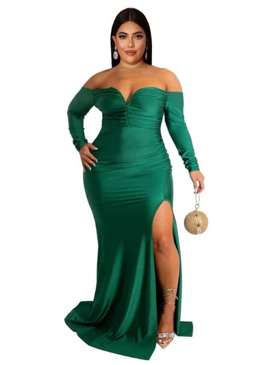 Wmstar Plus Size Party Dresses for Women Off Shoulder V Neck Slip Hem Elegant Full Length Maxi Dress Wholesale Dropshipping 2022