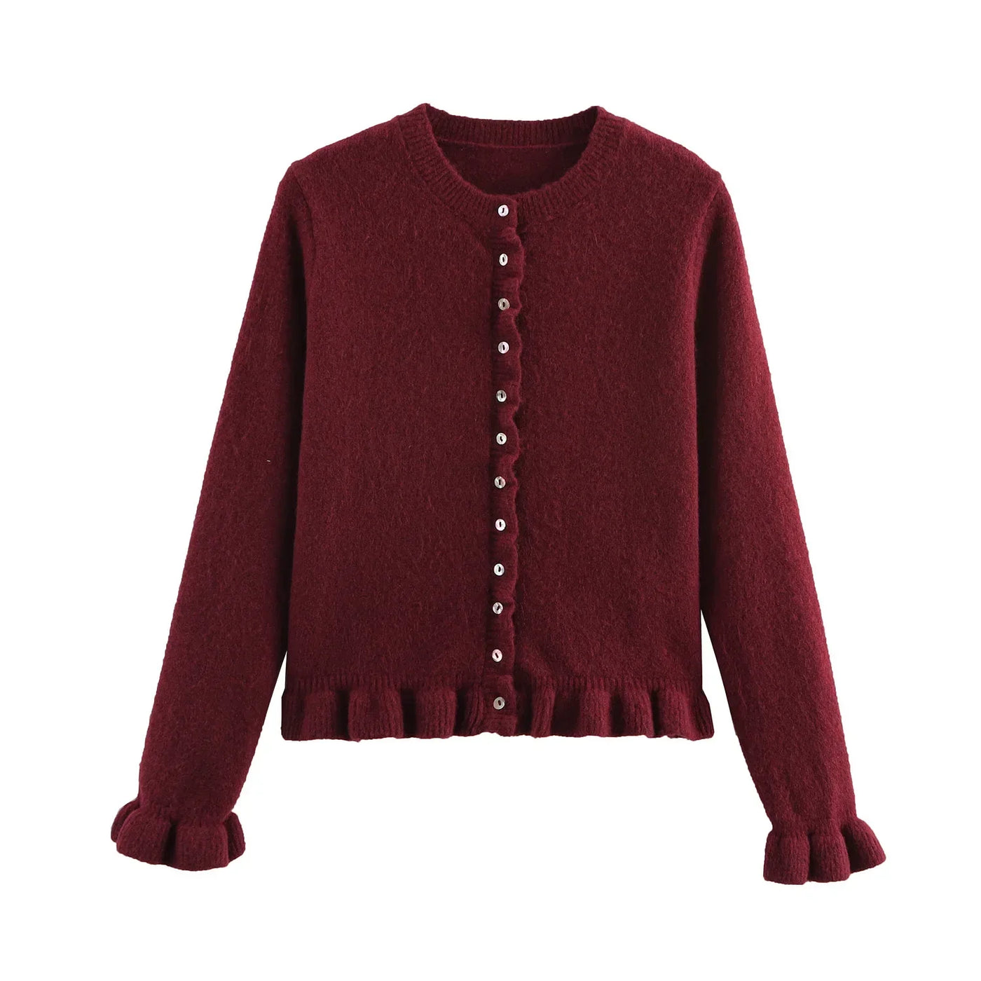 Women Ruffle Gray Knitted Cardigan Outerwears New Autumn Women Long Sleeve Sweater Elegant Button-Down Cardigan