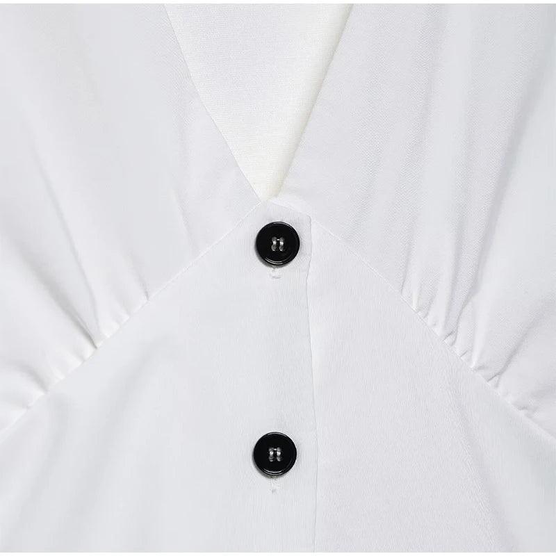 Women's Dress 2025 Summer Autumn New White Short Sleeve Buttons V Neck Midi Dress Casual Fashion Personality Versatile Vestidos