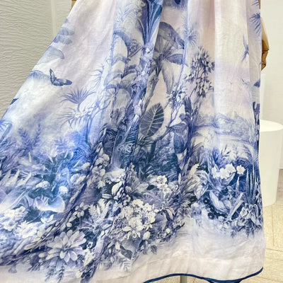 New Collection White Pleat Ruched Floral Print Sleeveless Women Midi Dress for Holiday