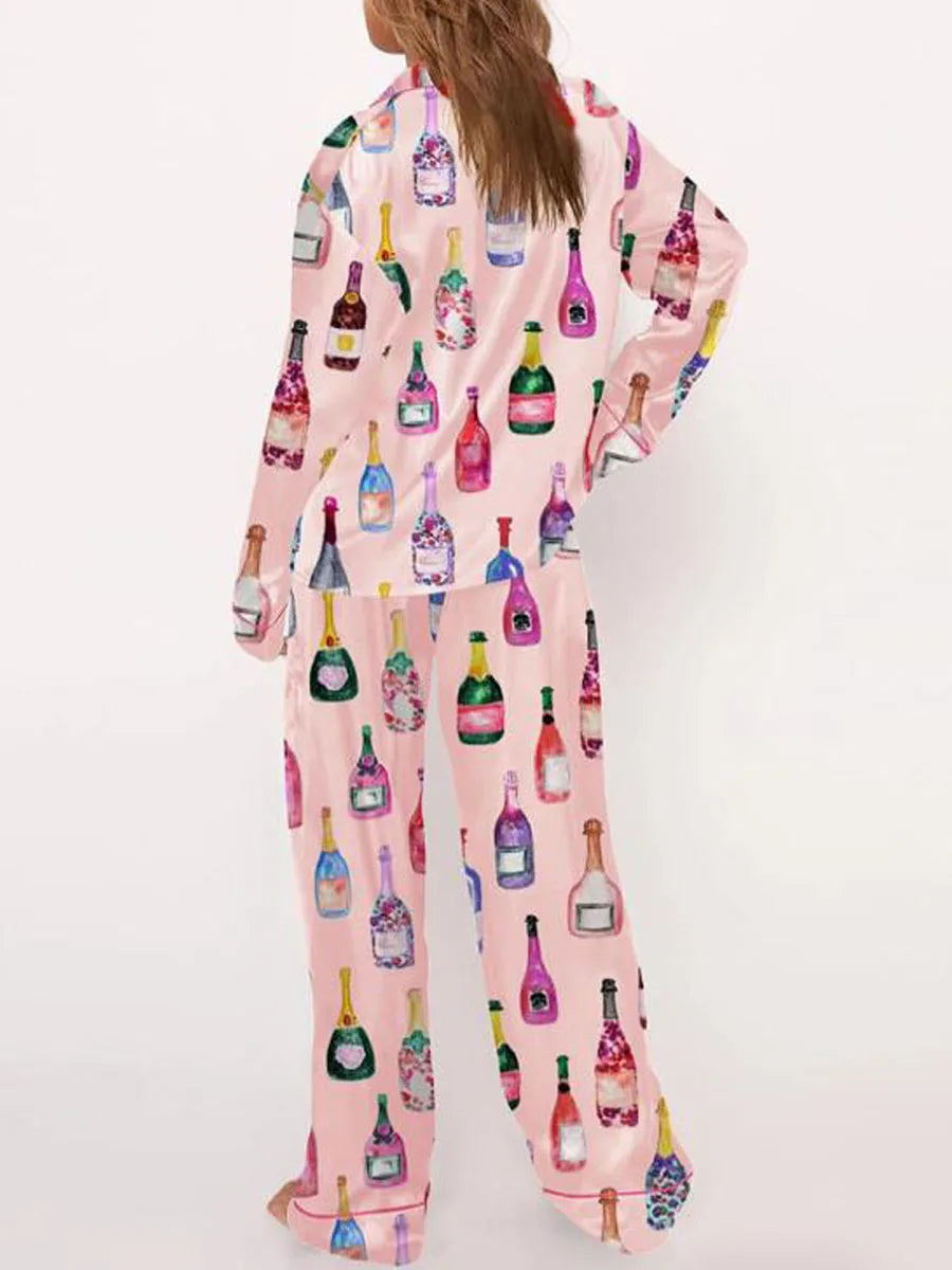 Womens Satin Pajamas Sets  2 Piece Set Champagne Bottle Wine Glasses Long Sleeve Button down Shirt Pants Satin Silk Loungewear