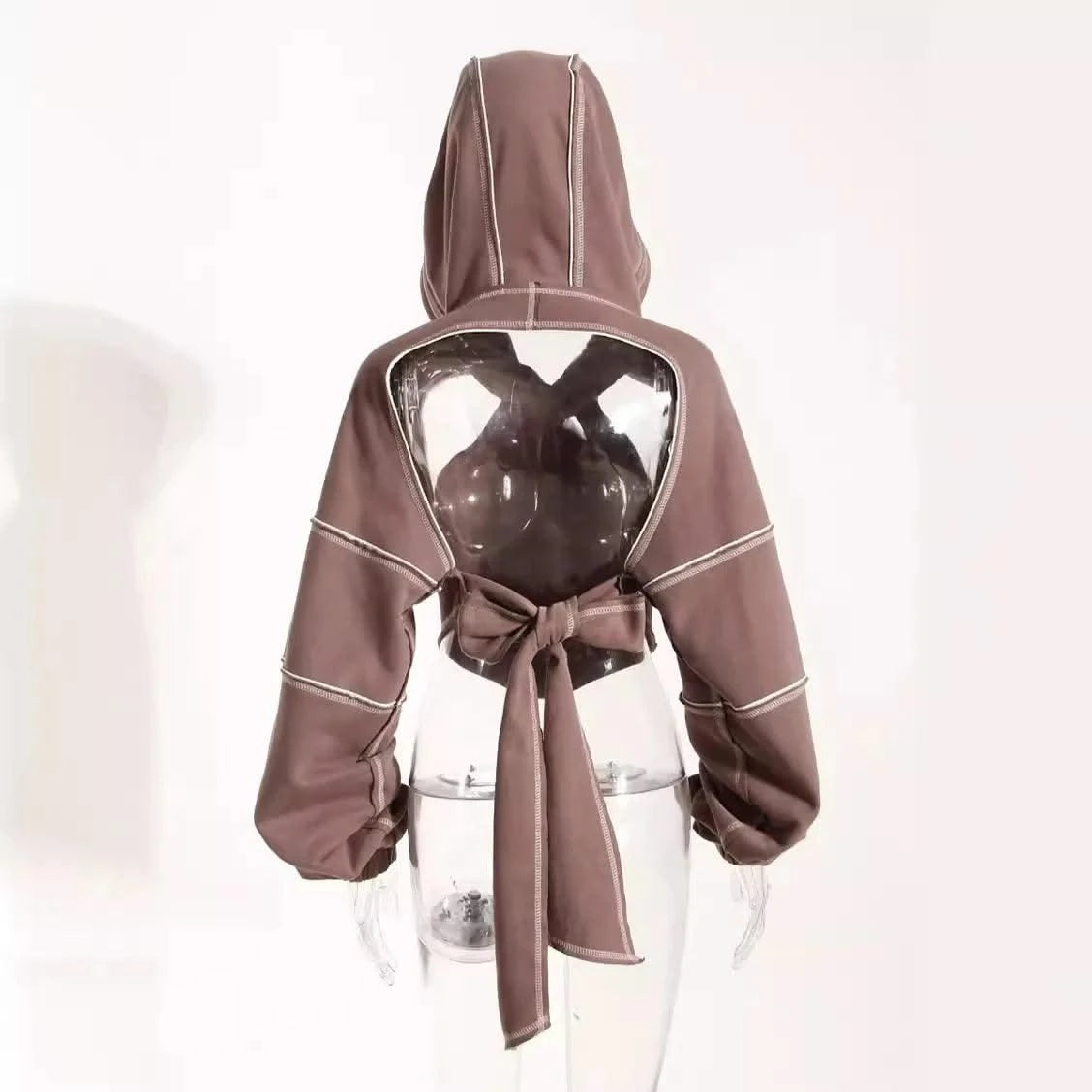 Women Hooded Sweatshirt Color Clashing Bright Line Short Top Ladies Fashion Layering Hoodie Long Sleeved tops New