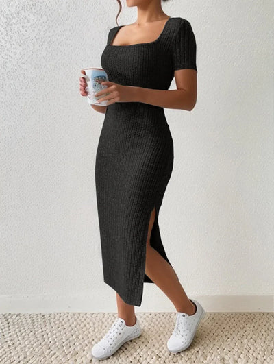 Summer Dresses for Women square neck hip-covering mid-length skirt short-sleeved versatile knitted slit dress