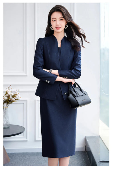 NAVIU 2025 Women Office Dress Set Monochromatic Slim Fit Suit Stand Collar Single Button Fashion New 2 Pcs Brazer and Dresses