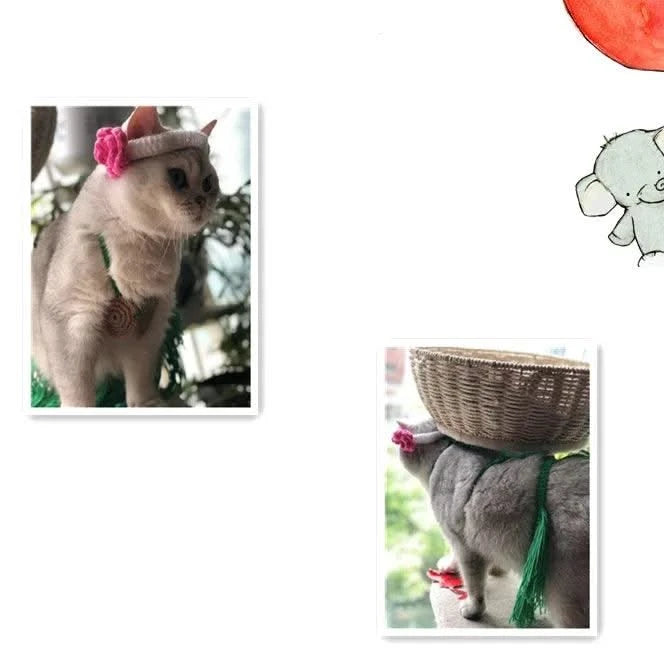 Pet Apparel Cat Bikini Headwear Straw Skirt Handwoven Wool Cat Collar Headwear 3-piece Set Pet Clothes Costume Puppy Clothes