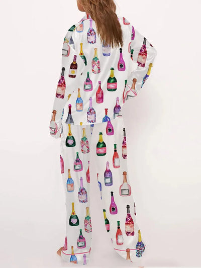 Womens Satin Pajamas Sets  2 Piece Set Champagne Bottle Wine Glasses Long Sleeve Button down Shirt Pants Satin Silk Loungewear