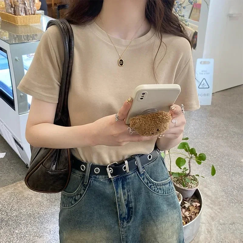 Oversized Summer T Shirts For Women Men Brown Casual Female Korean Streetwear Tees Unisex Basic Solid Young Cool Tops 2025