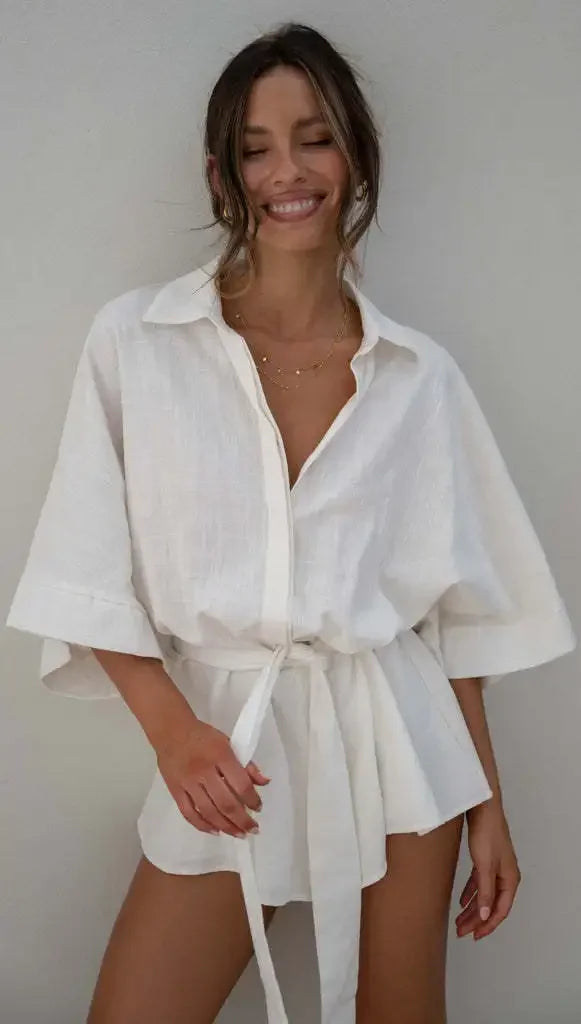 Women's Jumpsuit Spring/summer New Style With Collar Mid Sleeves Waist Strap Fashionable Loose Short Style Solid Color Jumpsuit