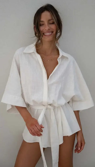 Women's Jumpsuit Spring/summer New Style With Collar Mid Sleeves Waist Strap Fashionable Loose Short Style Solid Color Jumpsuit